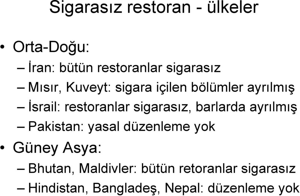 sigarasız, barlarda ayrılmış Pakistan: yasal düzenleme yok Güney Asya: