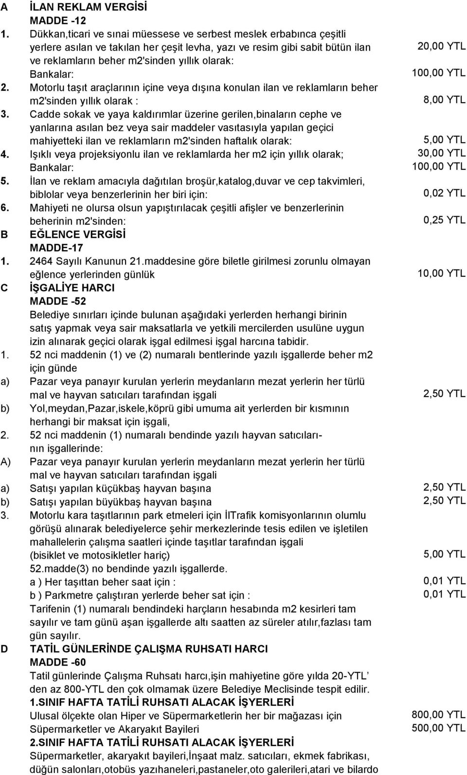 olarak: Bankalar: 100,00 YTL 2. Motorlu taşıt araçlarının içine veya dışına konulan ilan ve reklamların beher m2'sinden yıllık olarak : 8,00 YTL 3.