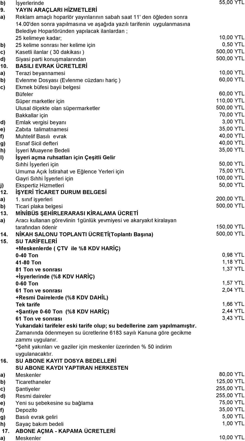 ilanlar ( 30 dakikası ) 500,00 YTL d) Siyasi parti konuşmalarından 500,00 YTL 10.