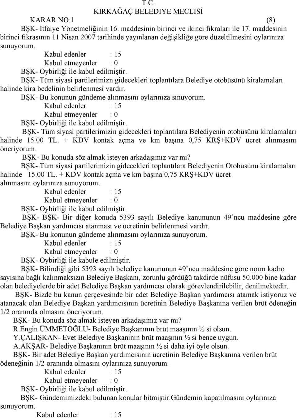 BŞK- Tüm siyasi partilerimizn gidecekleri toplantılara Belediye otobüsünü kiralamaları halinde kira bedelinin belirlenmesi vardır. BŞK- Bu konunun gündeme alınmasını oylarınıza sınuyorum.