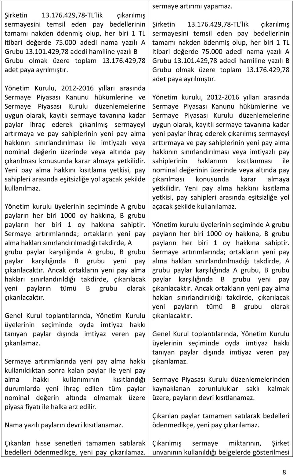 Yönetim Kurulu, 2012-2016 yılları arasında Sermaye Piyasası Kanunu hükümlerine ve Sermaye Piyasası Kurulu düzenlemelerine uygun olarak, kayıtlı sermaye tavanına kadar paylar ihraç ederek çıkarılmış