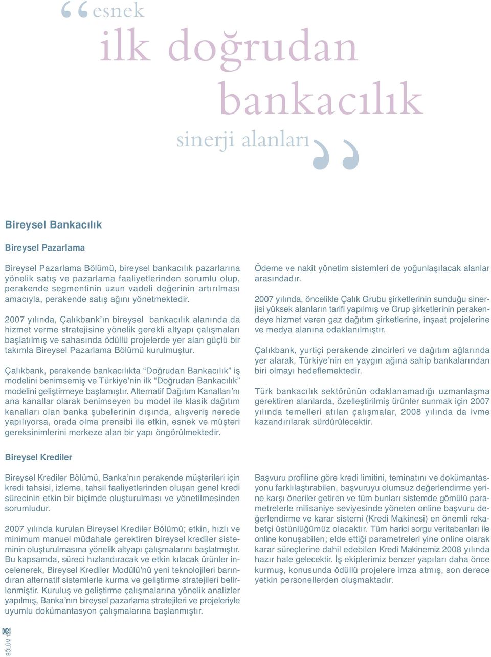 2007 yılında, Çalıkbank ın bireysel bankacılık alanında da hizmet verme stratejisine yönelik gerekli altyapı çalışmaları başlatılmış ve sahasında ödüllü projelerde yer alan güçlü bir takımla Bireysel