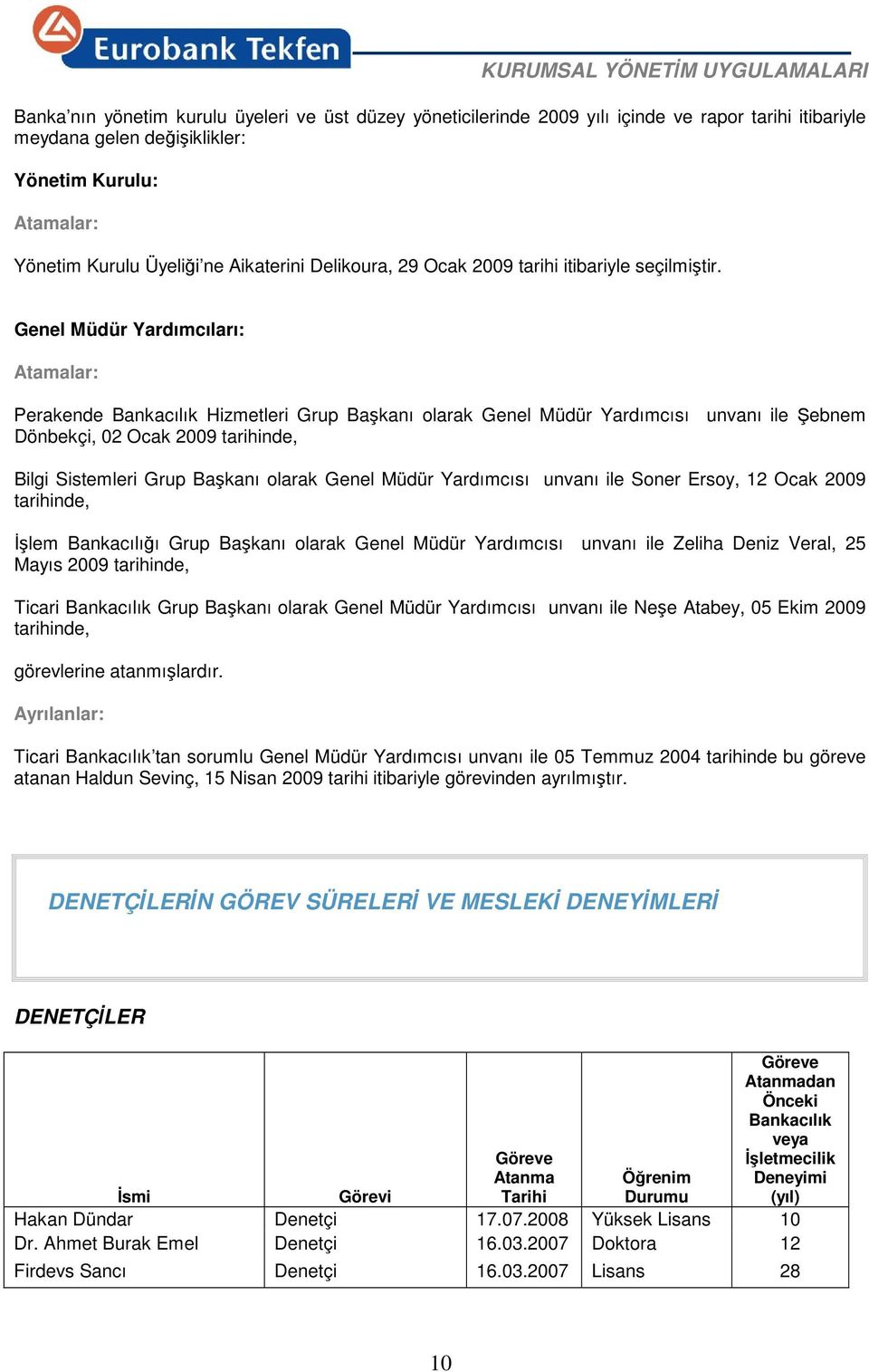 Genel Müdür Yardımcıları: Atamalar: Perakende Bankacılık Hizmetleri Grup Başkanı olarak Genel Müdür Yardımcısı unvanı ile Şebnem Dönbekçi, 02 Ocak 2009 tarihinde, Bilgi Sistemleri Grup Başkanı olarak