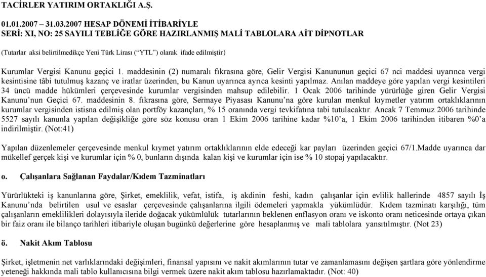 Anılan maddeye göre yapılan vergi kesintileri 34 üncü madde hükümleri çerçevesinde kurumlar vergisinden mahsup edilebilir. 1 Ocak 2006 tarihinde yürürlüğe giren Gelir Vergisi Kanunu nun Geçici 67.