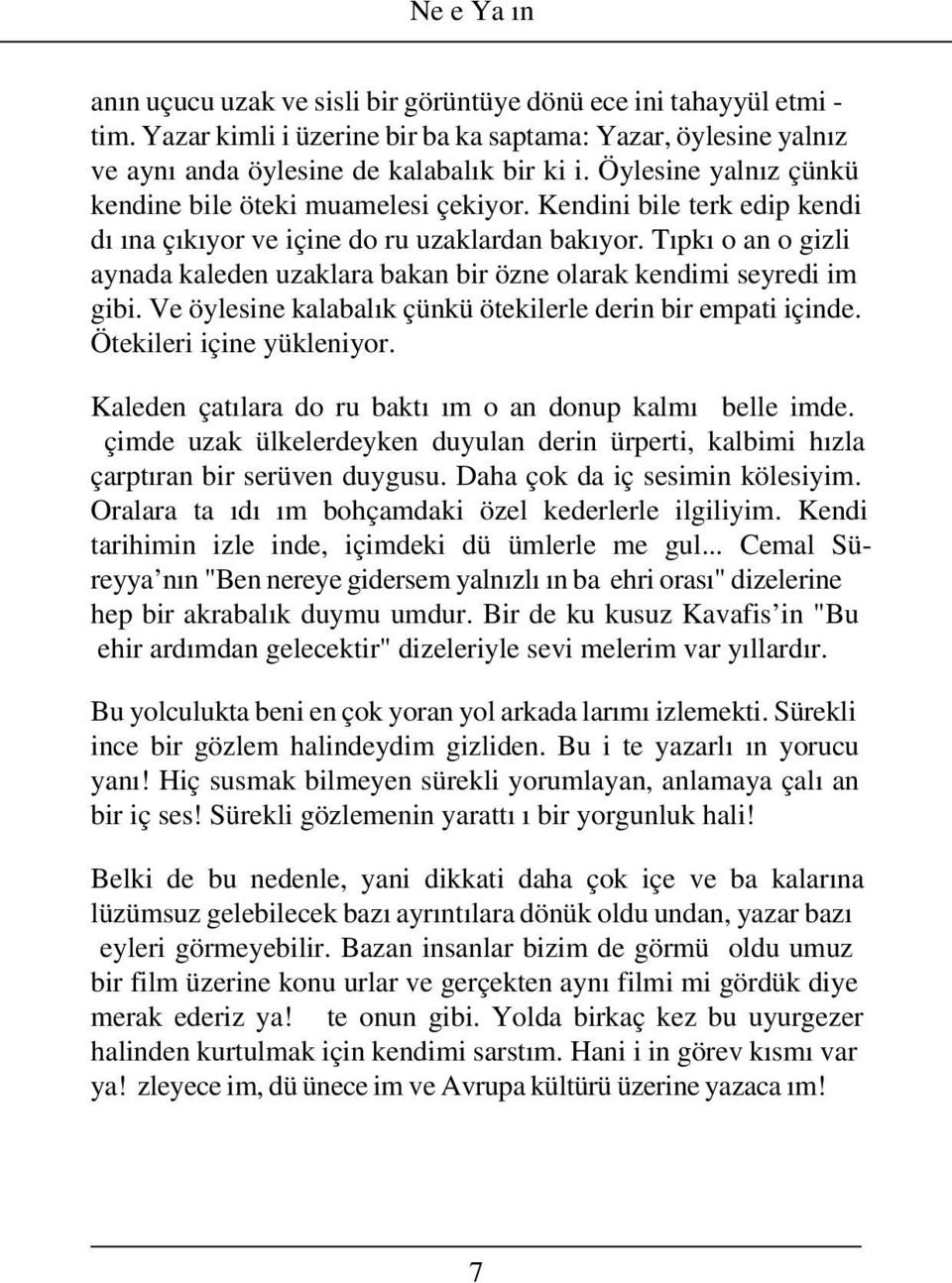 Tıpkı o an o gizli aynada kaleden uzaklara bakan bir özne olarak kendimi seyredi im gibi. Ve öylesine kalabalık çünkü ötekilerle derin bir empati içinde. Ötekileri içine yükleniyor.