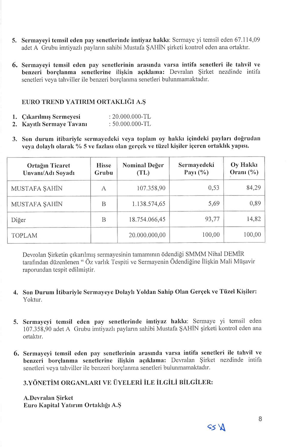 Sermayeyi temsil eden pay senetlerinin arasrnda varsa inl;ifa senetleri ile tahvil ve benzeri borglanma senetlerine i)ligkin agrklama: Devralan $irket nezdinde intifa senetleri veya tahviller ile