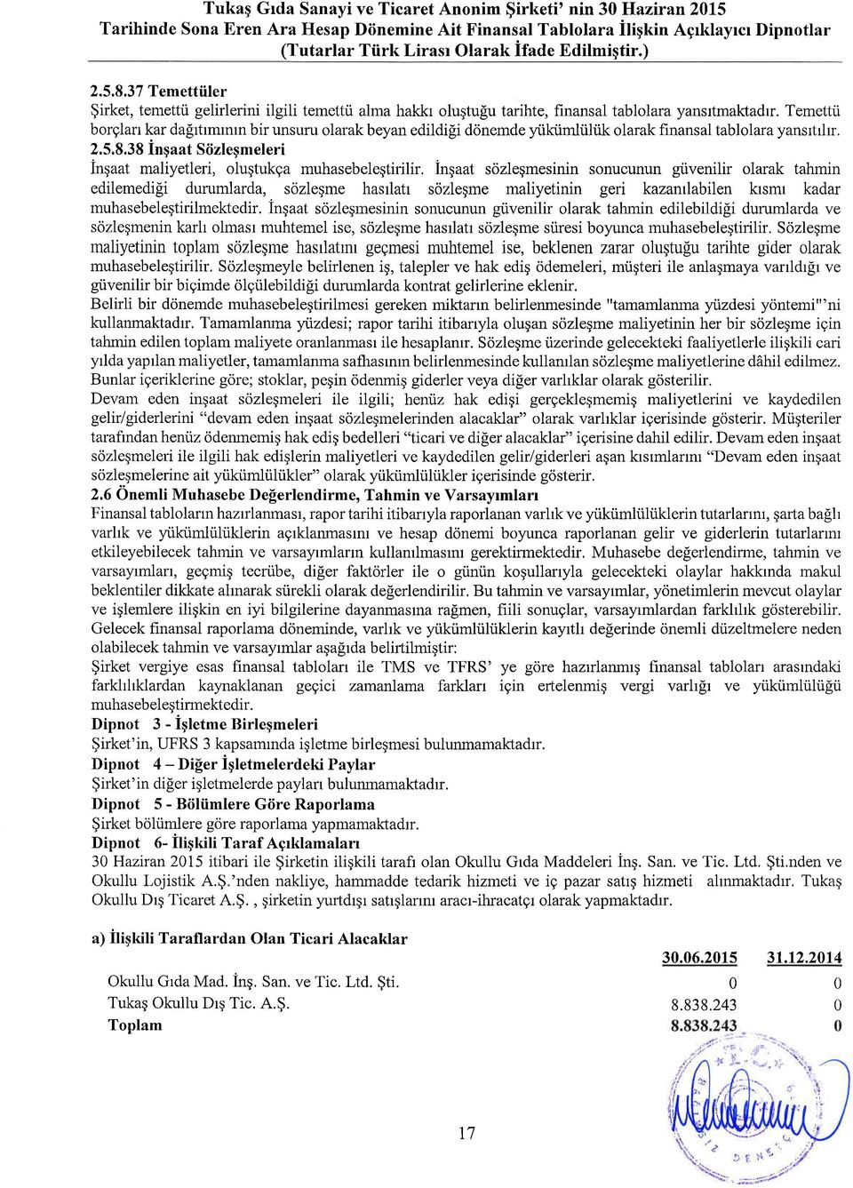 Temettii brglarr kar dafrtrmrmn bir unsuru larak beyan edildi[i dnemde yiiktirnltiliik larak finansal tabllara yansrtrlr. 2.5.8.38 ingaat Siizlegmeleri ingaat maliyetleri, lugtukga muhasebeleqtirilir.