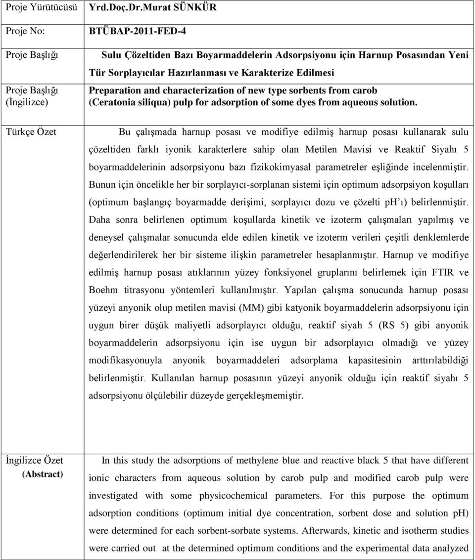 characterization of new type sorbents from carob (Ceratonia siliqua) pulp for adsorption of some dyes from aqueous solution.