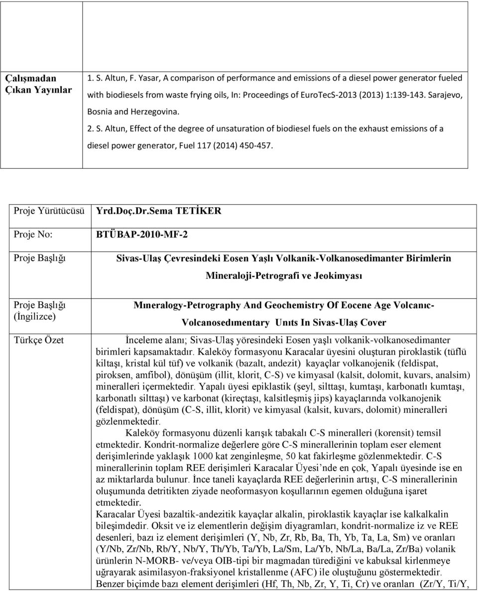 Sarajevo, Bosnia and Herzegovina. 2. S. Altun, Effect of the degree of unsaturation of biodiesel fuels on the exhaust emissions of a diesel power generator, Fuel 117 (2014) 450-457.