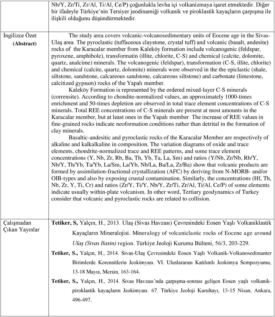 İngilizce Özet (Abstract) The study area covers volcanic-volcanosedimentary units of Eocene age in the Sivas- Ulaş area.