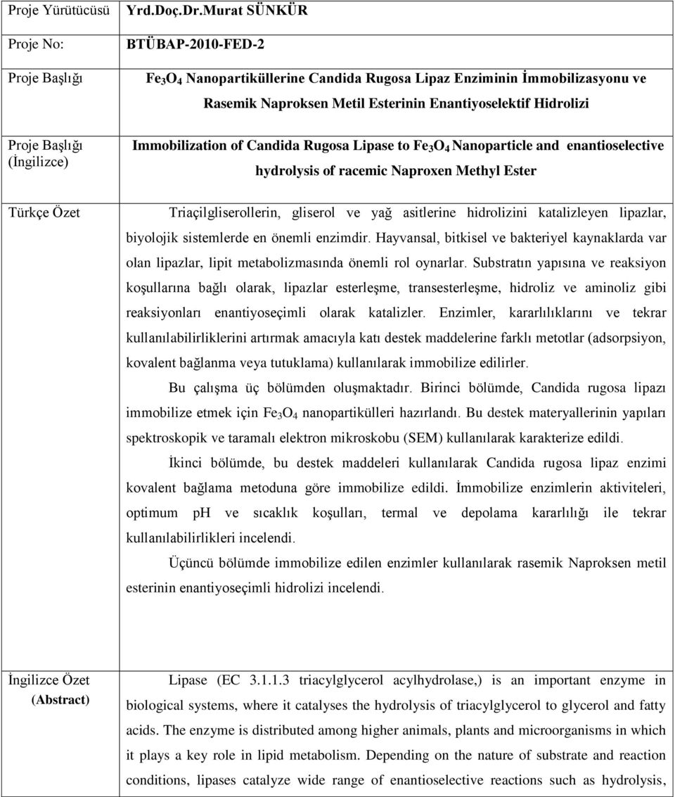 Candida Rugosa Lipase to Fe 3 O 4 Nanoparticle and enantioselective hydrolysis of racemic Naproxen Methyl Ester Türkçe Özet Triaçilgliserollerin, gliserol ve yağ asitlerine hidrolizini katalizleyen