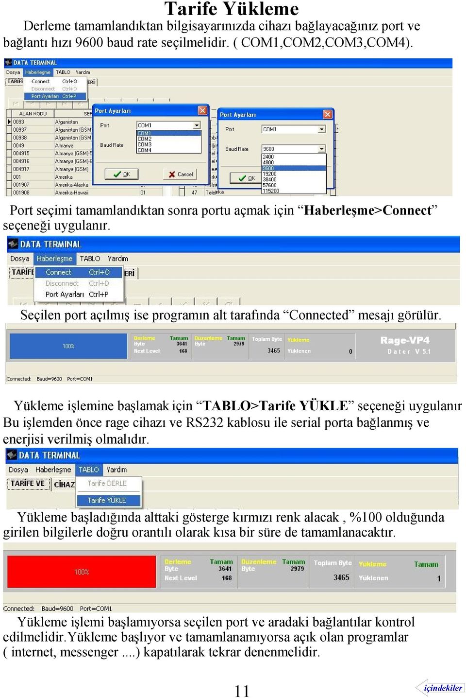 Yükleme işlemine başlamak için TABLO>Tarife YÜKLE seçeneği uygulanır Bu işlemden önce rage cihazı ve RS232 kablosu ile serial porta bağlanmış ve enerjisi verilmiş olmalıdır.