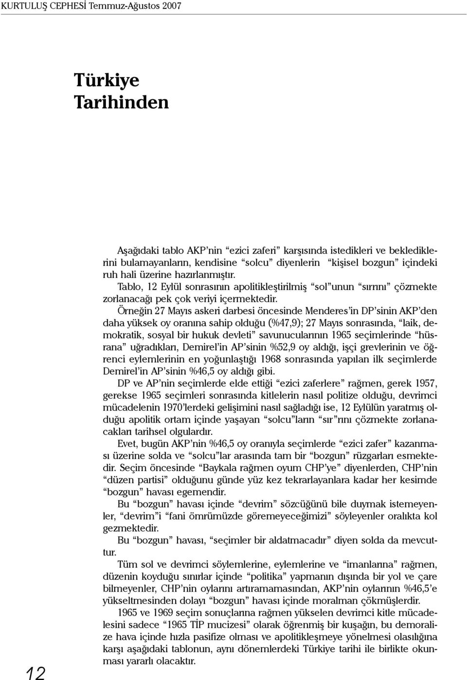 Örneğin 27 Mayıs askeri darbesi öncesinde Menderes in DP sinin AKP den daha yüksek oy oranına sahip olduğu (%47,9); 27 Mayıs sonrasında, laik, demokratik, sosyal bir hukuk devleti savunucularının