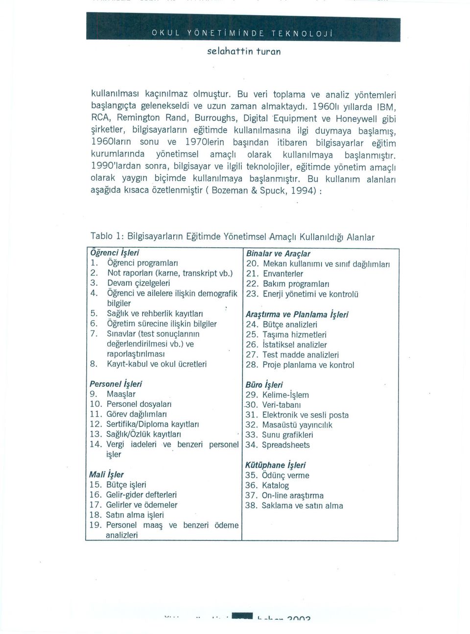 itibaren bilgisayarlar egitim kurumlarinda yönetimsel amaçli olarak kullanilmaya baslanmistir. 1990'lardan sonra, bilgisayar ve ilgili teknolojiler, egitimde yönetim amaçli olarak yaygin.