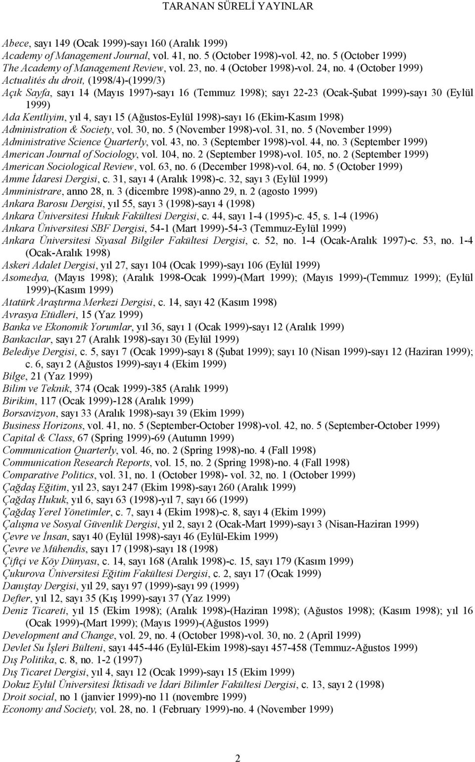 4 (October 1999) Actualités du droit, (1998/4)-(1999/3) Açık Sayfa, sayı 14 (Mayıs 1997)-sayı 16 (Temmuz 1998); sayı 22-23 (Ocak-Şubat 1999)-sayı 30 (Eylül 1999) Ada Kentliyim, yıl 4, sayı 15