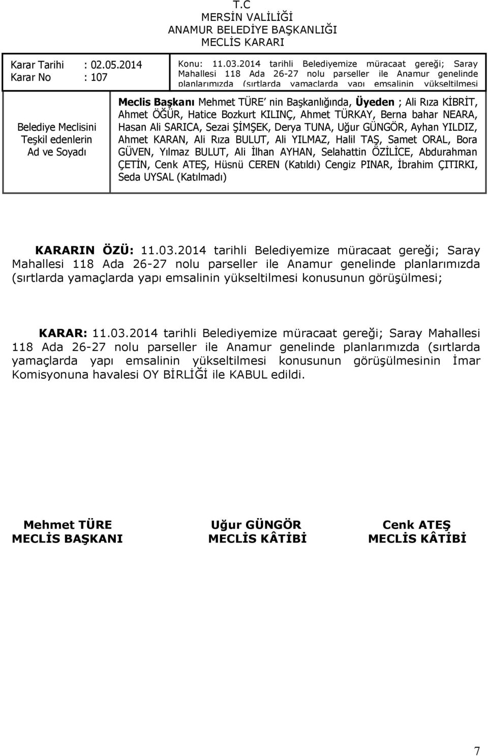 görüģülmesi; KARARIN ÖZÜ: 11.03. görüģülmesi; KARAR: 11.03. görüģülmesinin Ġmar Komisyonuna havalesi OY BĠRLĠĞĠ ile KABUL edildi. 7