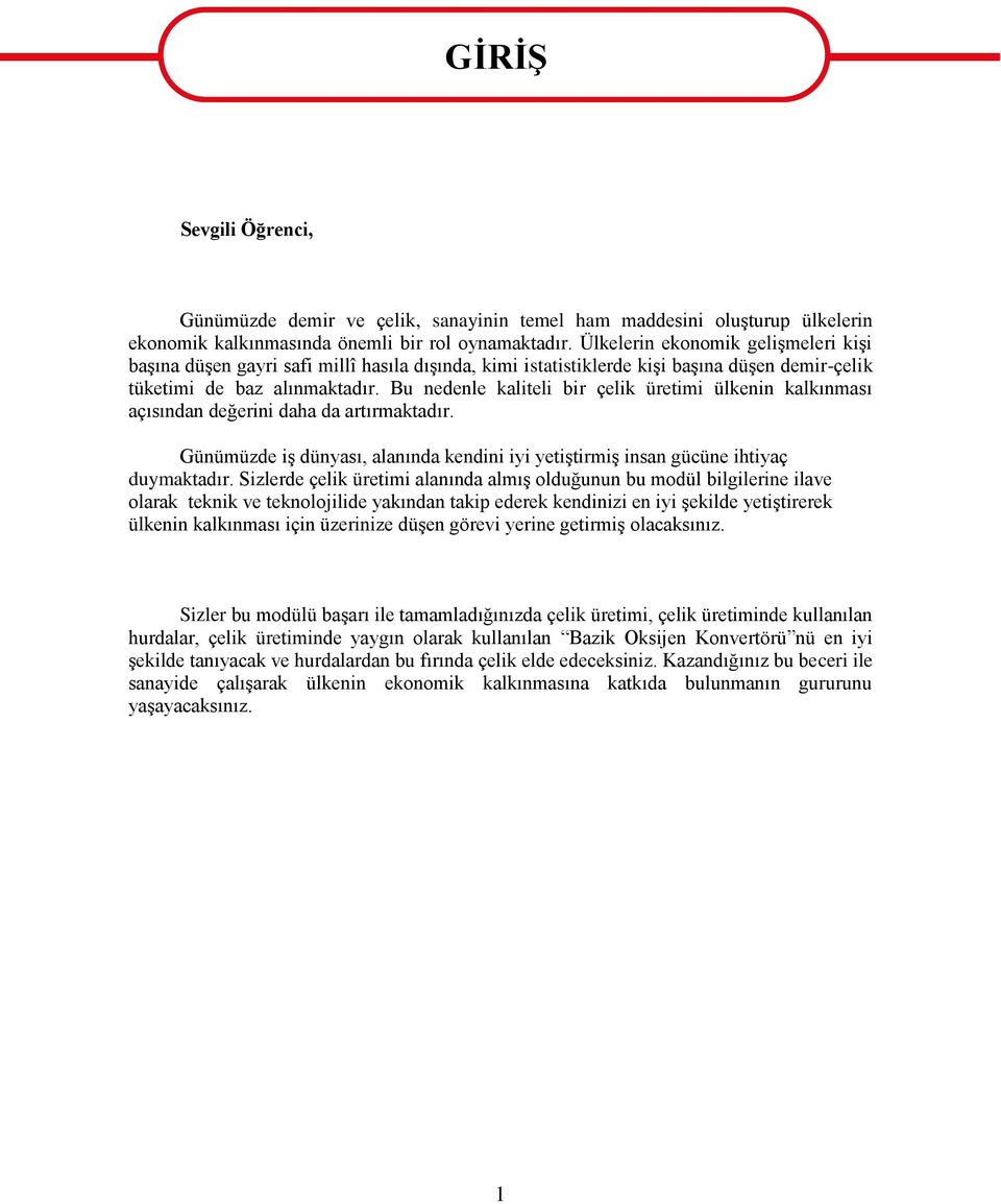 Bu nedenle kaliteli bir çelik üretimi ülkenin kalkınması açısından değerini daha da artırmaktadır. Günümüzde iģ dünyası, alanında kendini iyi yetiģtirmiģ insan gücüne ihtiyaç duymaktadır.