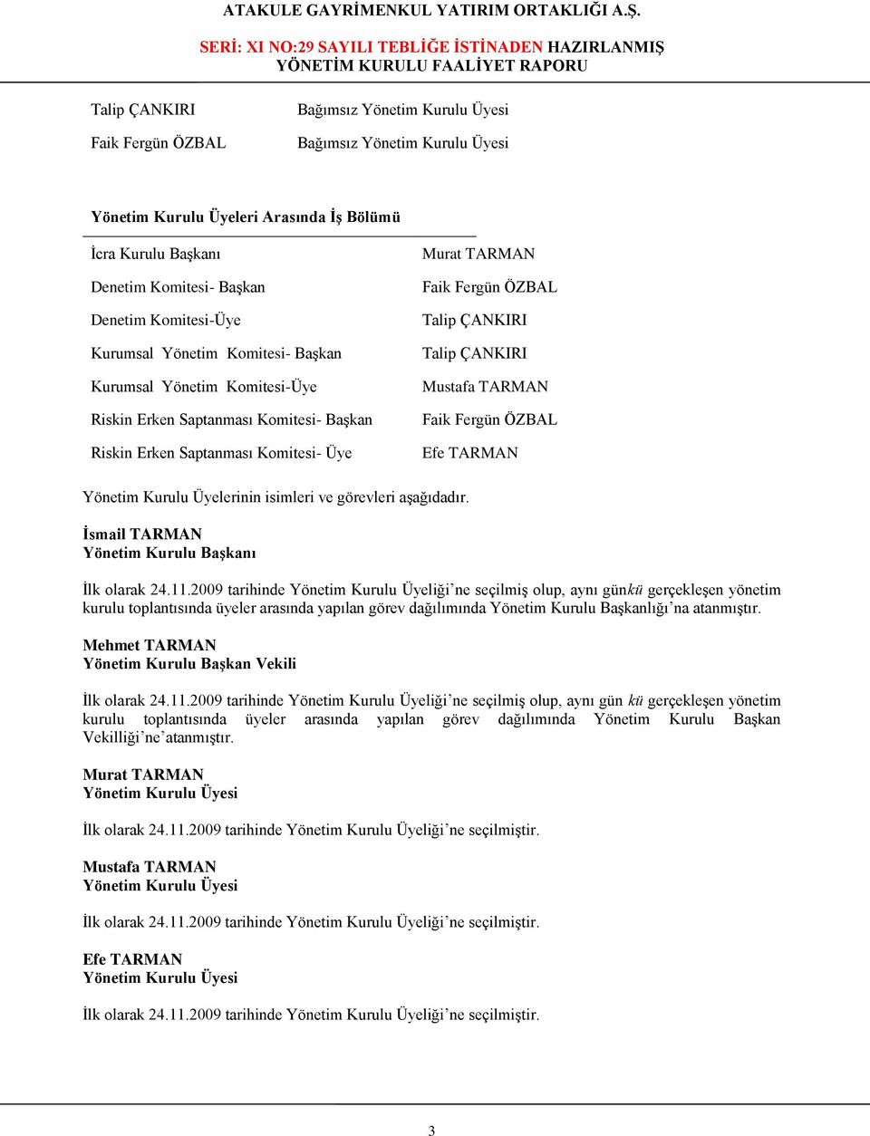 ÇANKIRI Mustafa TARMAN Faik Fergün ÖZBAL Efe TARMAN Yönetim Kurulu Üyelerinin isimleri ve görevleri aşağıdadır. İsmail TARMAN Yönetim Kurulu Başkanı İlk olarak 24.11.
