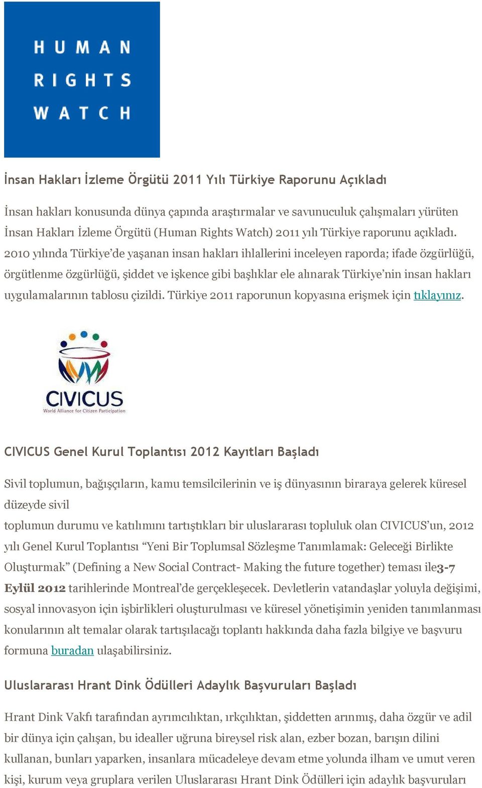 2010 yılında Türkiye de yaşanan insan hakları ihlallerini inceleyen raporda; ifade özgürlüğü, örgütlenme özgürlüğü, şiddet ve işkence gibi başlıklar ele alınarak Türkiye nin insan hakları