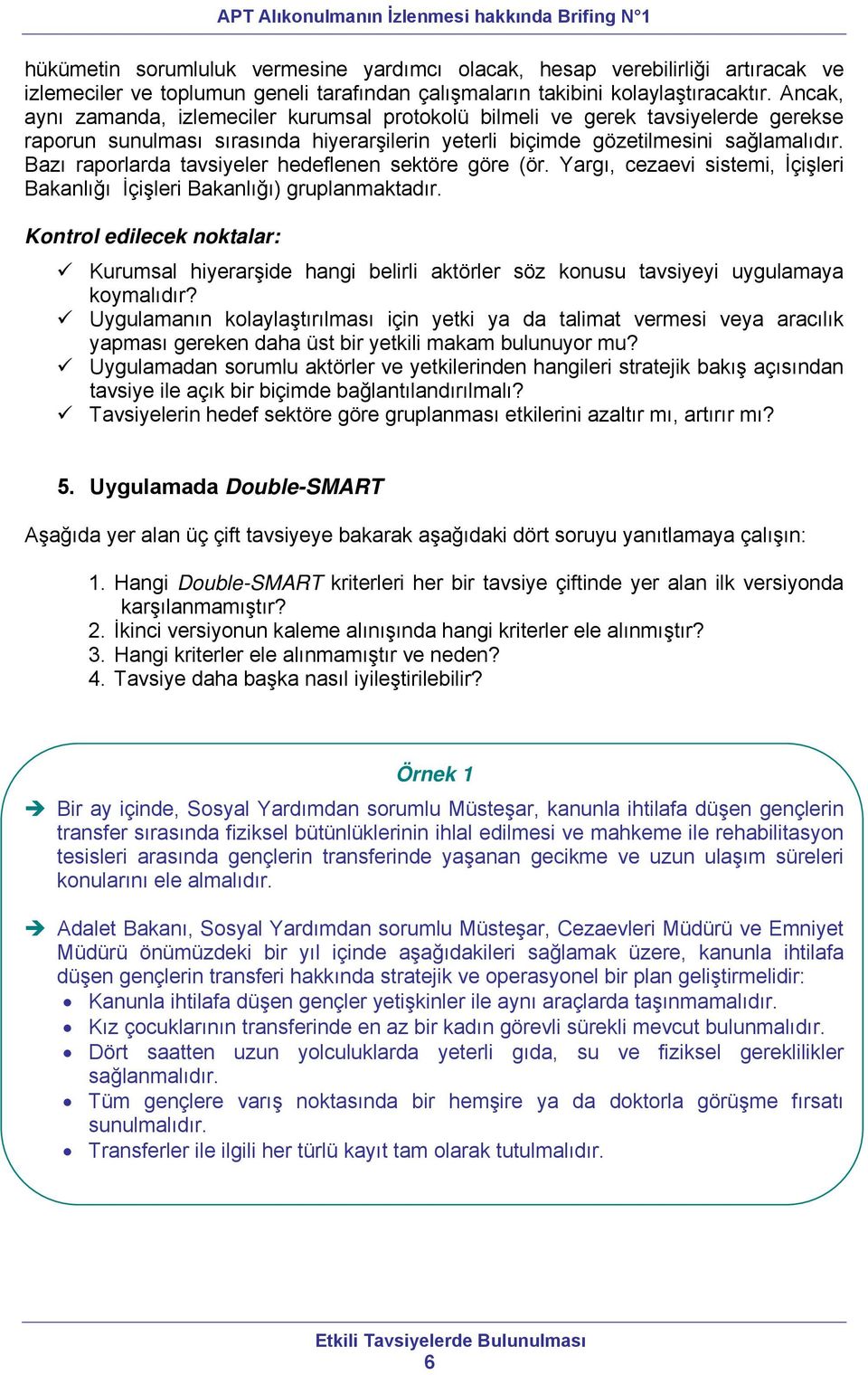 Bazı raporlarda tavsiyeler hedeflenen sektöre göre (ör. Yargı, cezaevi sistemi, İçişleri Bakanlığı İçişleri Bakanlığı) gruplanmaktadır.