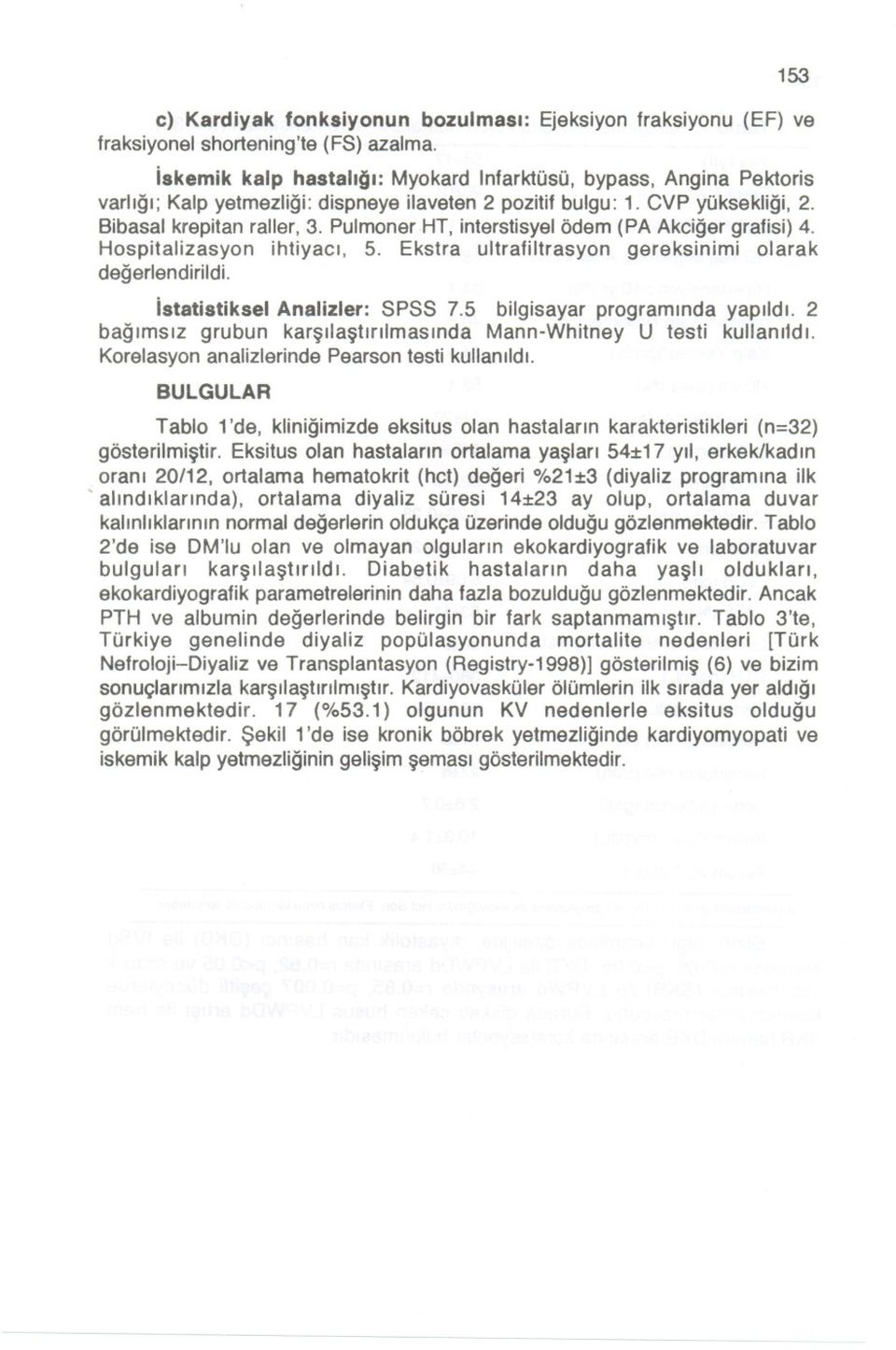 Pulmoner HT, interstisyel ödem (PA Akciger grafisi) 4. Hospitalizasyon ihtiyaci,s. Ekstra ultrafiltrasyon gereksinimi olarak degerlendirildi. istatistiksel Analizler: SPSS 7.