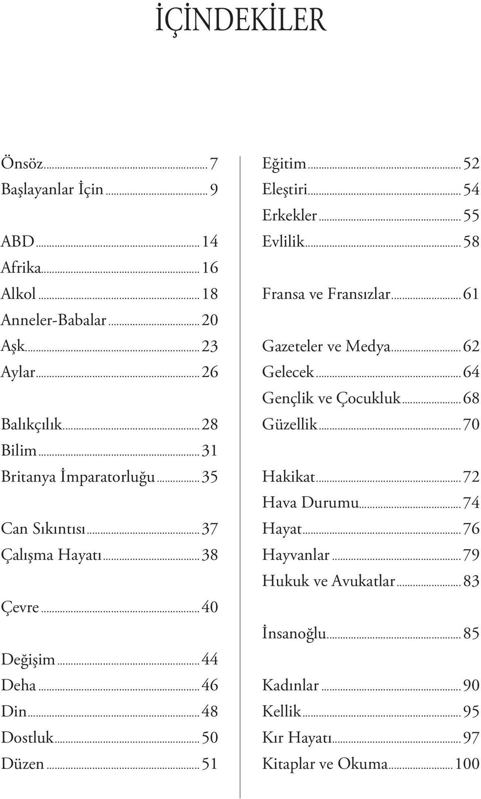 ..52 Eleştiri...54 Erkekler...55 Evlilik...58 Fransa ve Fransızlar...61 Gazeteler ve Medya...62 Gelecek...64 Gençlik ve Çocukluk...68 Güzellik.