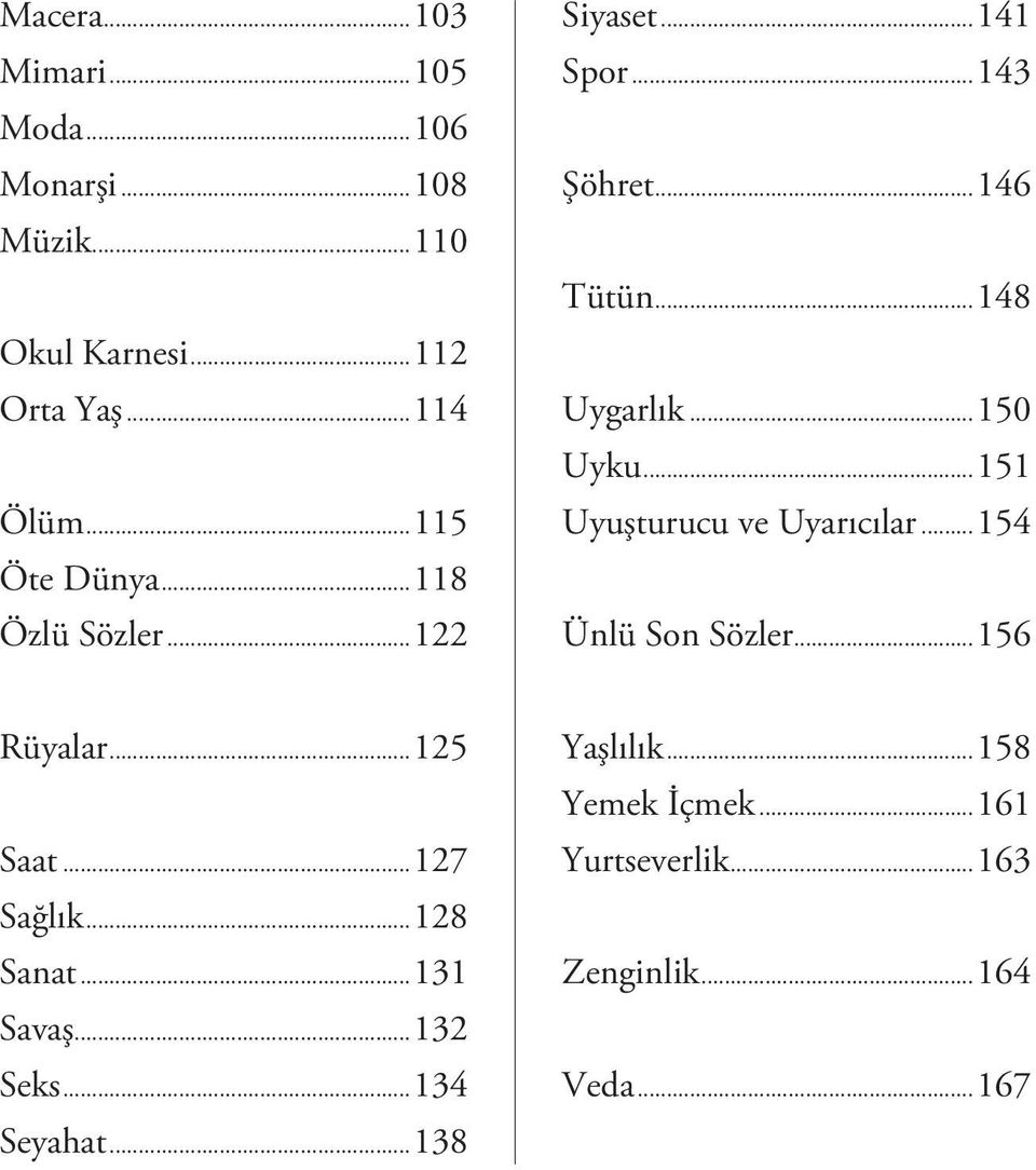 ..151 Uyuşturucu ve Uyarıcılar...154 Ünlü Son Sözler...156 Rüyalar...125 Saat...127 Sağlık...128 Sanat.