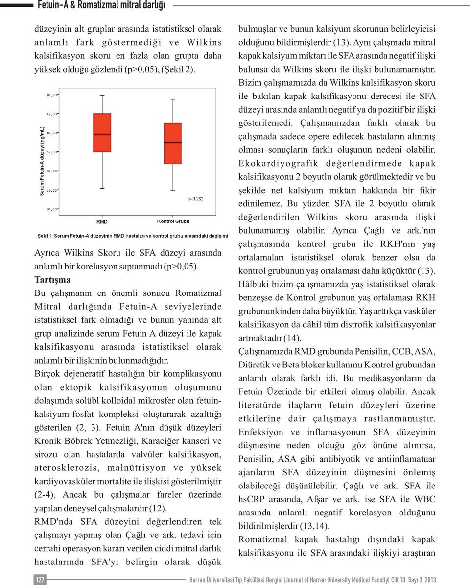 Tartışma Bu çalışmanın en önemli sonucu Romatizmal Mitral darlığında Fetuin-A seviyelerinde istatistiksel fark olmadığı ve bunun yanında alt grup analizinde serum Fetuin A düzeyi ile kapak