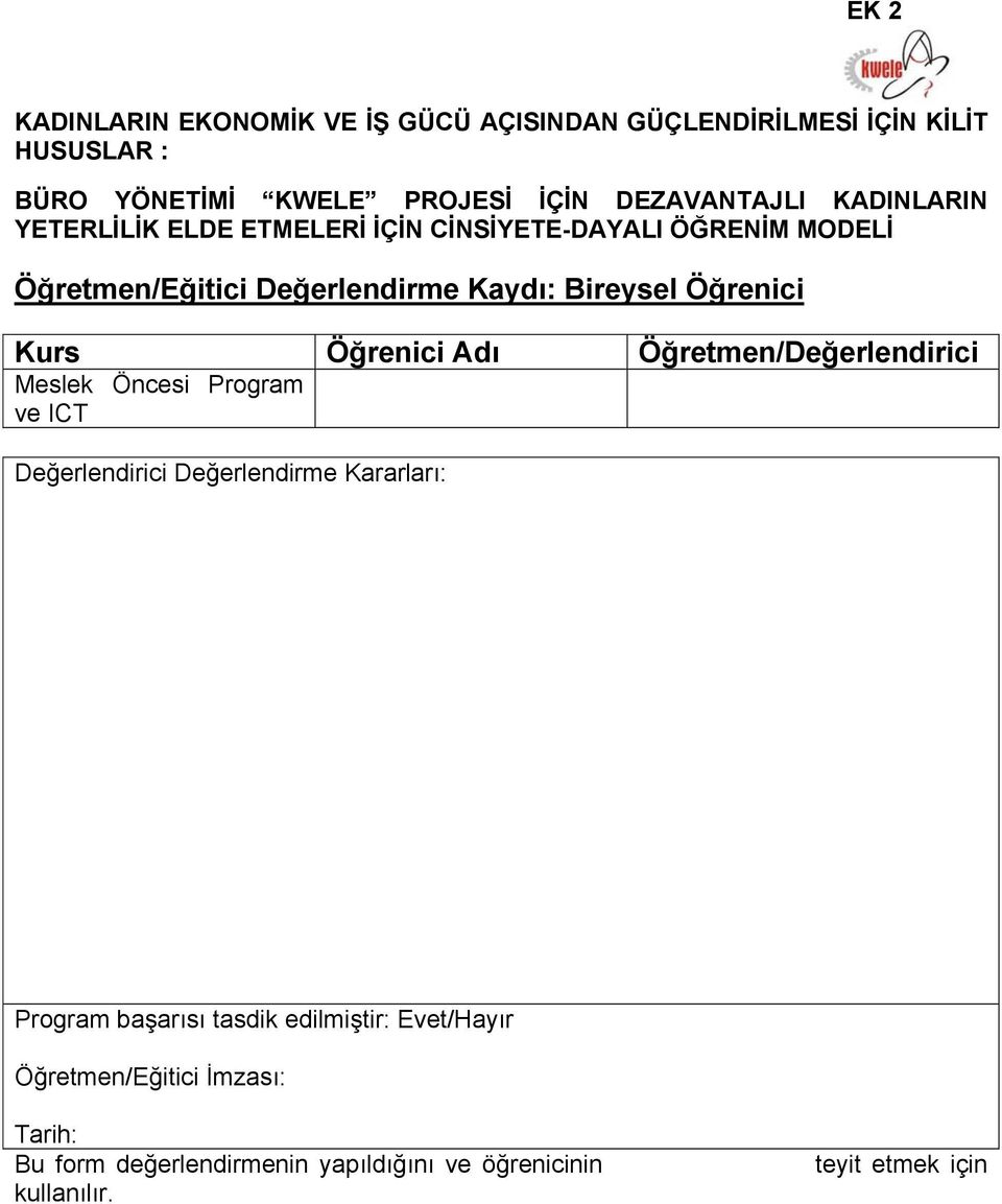 Kurs Öğrenici Adı Öğretmen/Değerlendirici Meslek Öncesi Program ve ICT Değerlendirici Değerlendirme Kararları: Program başarısı