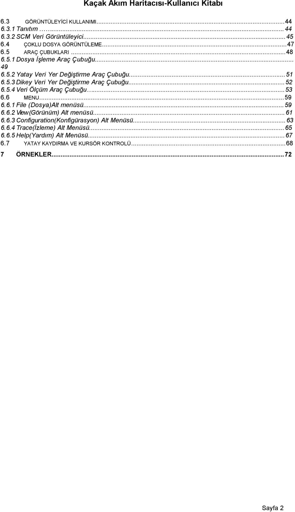 .. 52 6.5.4 Veri Ölçüm Araç Çubuğu... 53 6.6 MENU... 59 6.6.1 File (Dosya)Alt menüsü... 59 6.6.2 View (Görünüm) Alt menüsü... 61 6.6.3 Configuration(Konfigürasyon) Alt Menüsü.