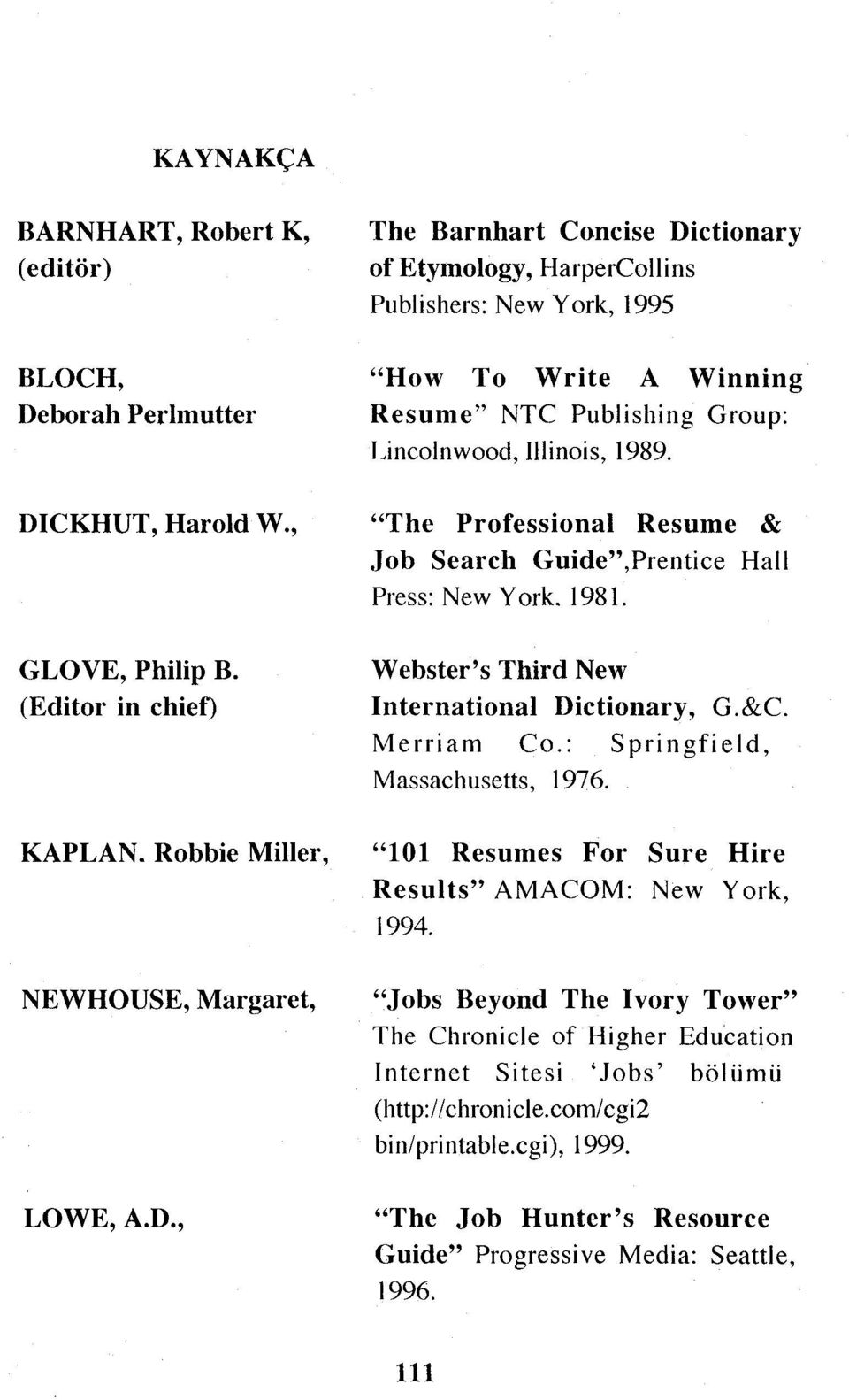 "The Professional Resume & Job Search Guide",Prentice Hall Press: New Yark. 1981. Webster's Third New International Dictionary, G.&C. Merriam Co.: Springfield, Massachusetts, 1976. KAPLAN.