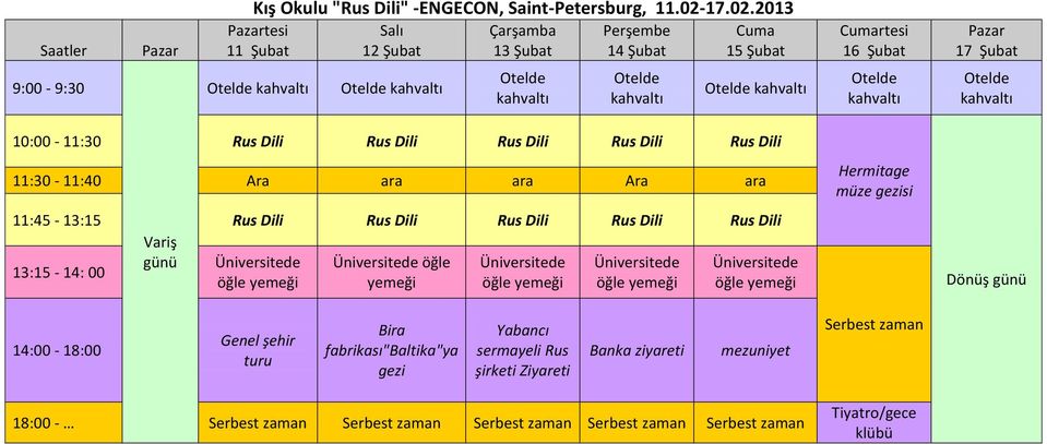 2013 tesi 10:00-11:30 Rus Dili Rus Dili Rus Dili Rus Dili Rus Dili