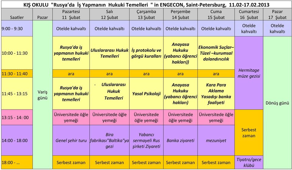 2013 tesi 10:00-11:30 Rusya'da iş yapmanın hukuki temelleri Uluslararası Hukuk Temelleri İş protokolu ve görgü kuralları Anayasa Hukuku (yabancı