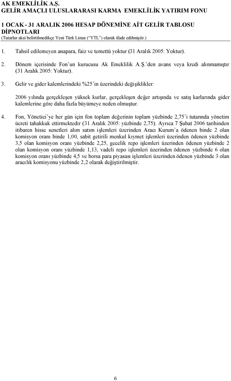 edilmiştir.) 1. Tahsil edilemeyen anapara, faiz ve temettü yoktur (31 Aralık 2005: Yoktur). 2. Dönem içerisinde Fon un kurucusu Ak Emeklilik A.Ş.