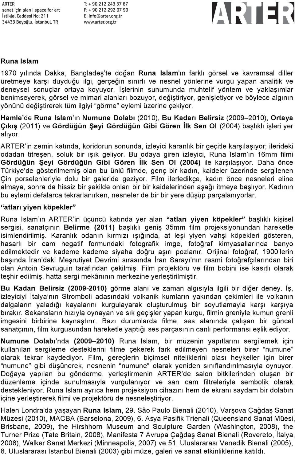 İşlerinin sunumunda muhtelif yöntem ve yaklaşımlar benimseyerek, görsel ve mimari alanları bozuyor, değiştiriyor, genişletiyor ve böylece algının yönünü değiştirerek tüm ilgiyi görme eylemi üzerine