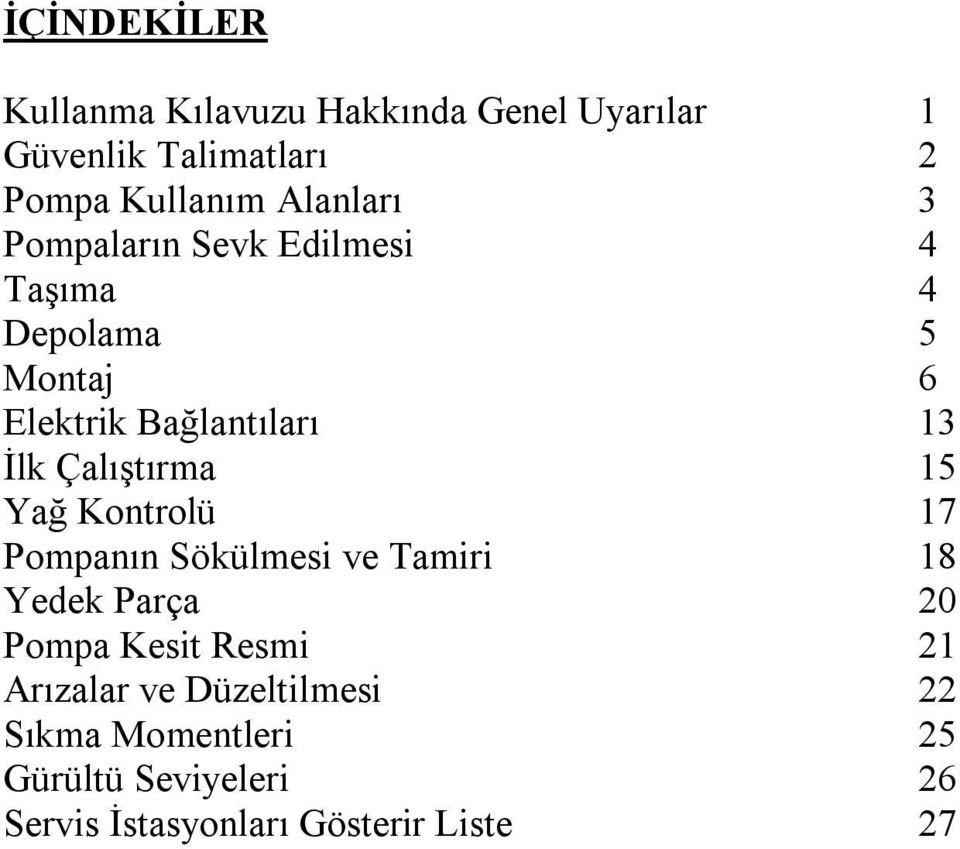 Çalıştırma 15 Yağ Kontrolü 17 Pompanın Sökülmesi ve Tamiri 18 Yedek Parça 20 Pompa Kesit Resmi 21