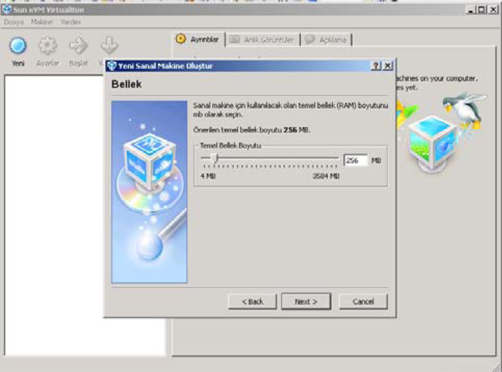 VirtualBox Adım 2 Sanal makinenin kullanabileceği bellek boyutu belirlenir.