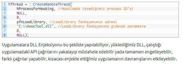 2- CreateRemoteThread metoduyla enjekte: konularımızda bizim de kullanacağımız yöntem bu oluyor, kısaca istediğimiz bir processte yeni bir thread oluşturup bu threadden belli bir adresteki metodu