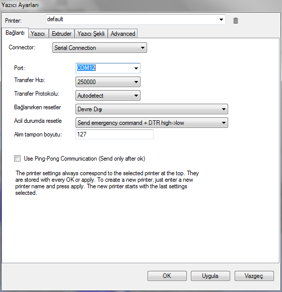 Adım 11 Yazıcı ayarlarını yapmak için Repetier de Yapılanma->Yazıcı Ayarları ekranını açınız. İlk sekmede bağlantı özellikleri girilir.