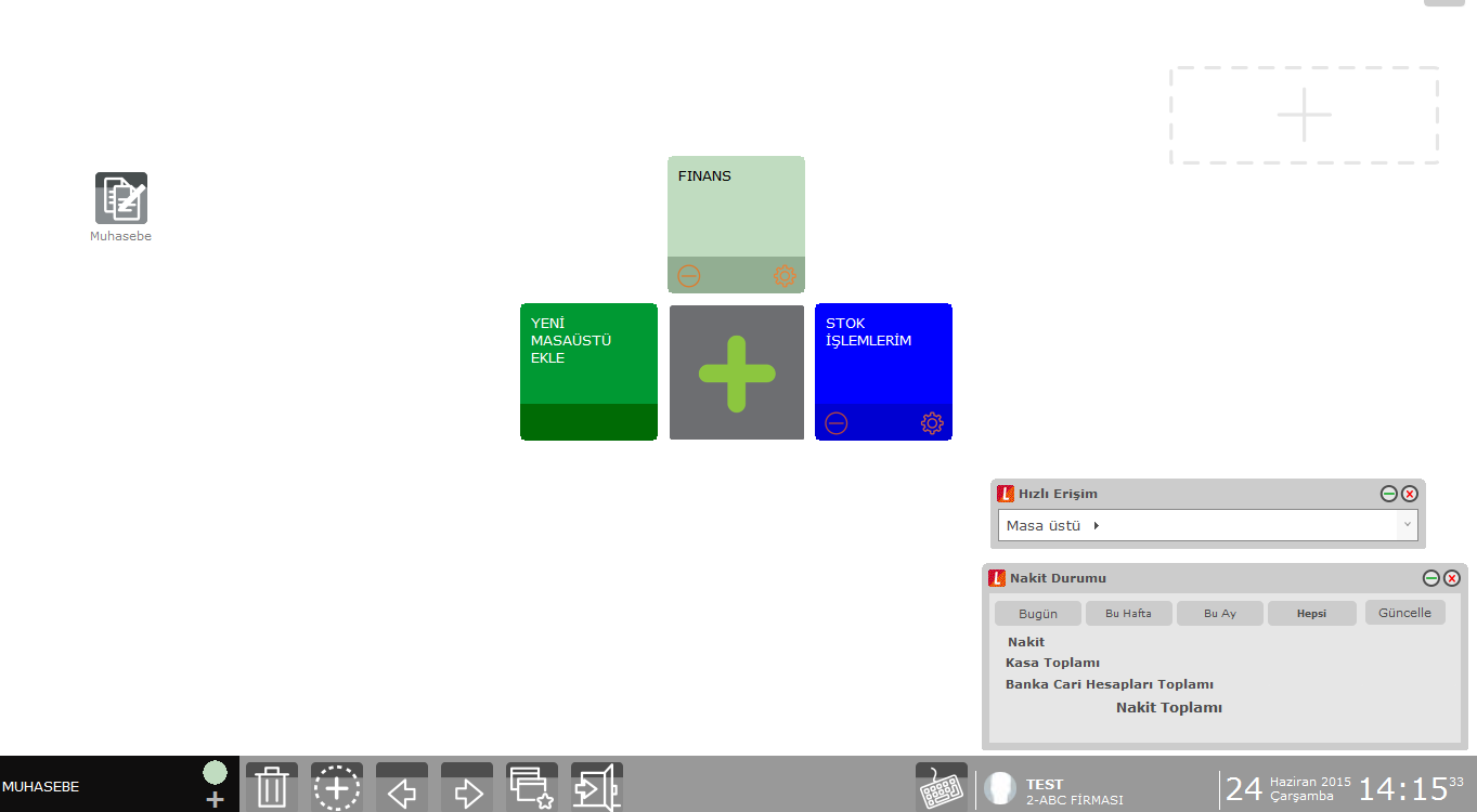 Ürün Bölüm 2.Masaüstü: Sadece muhasebe modülünün eklenerek oluşturulduğu Muhasebe masaüstü.