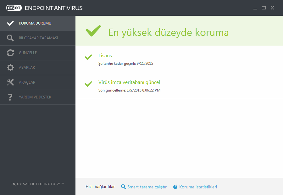 3.7 Yeni Başlayanlara yönelik kılavuz ESET Endpoint Antivirus ve temel ayarları hakkında genel bir ilk bakış sağlar. 3.7.1 Kullanıcı arabirimi ESET Endpoint Antivirus ürününün ana program penceresi iki ana bölüme ayrılır.