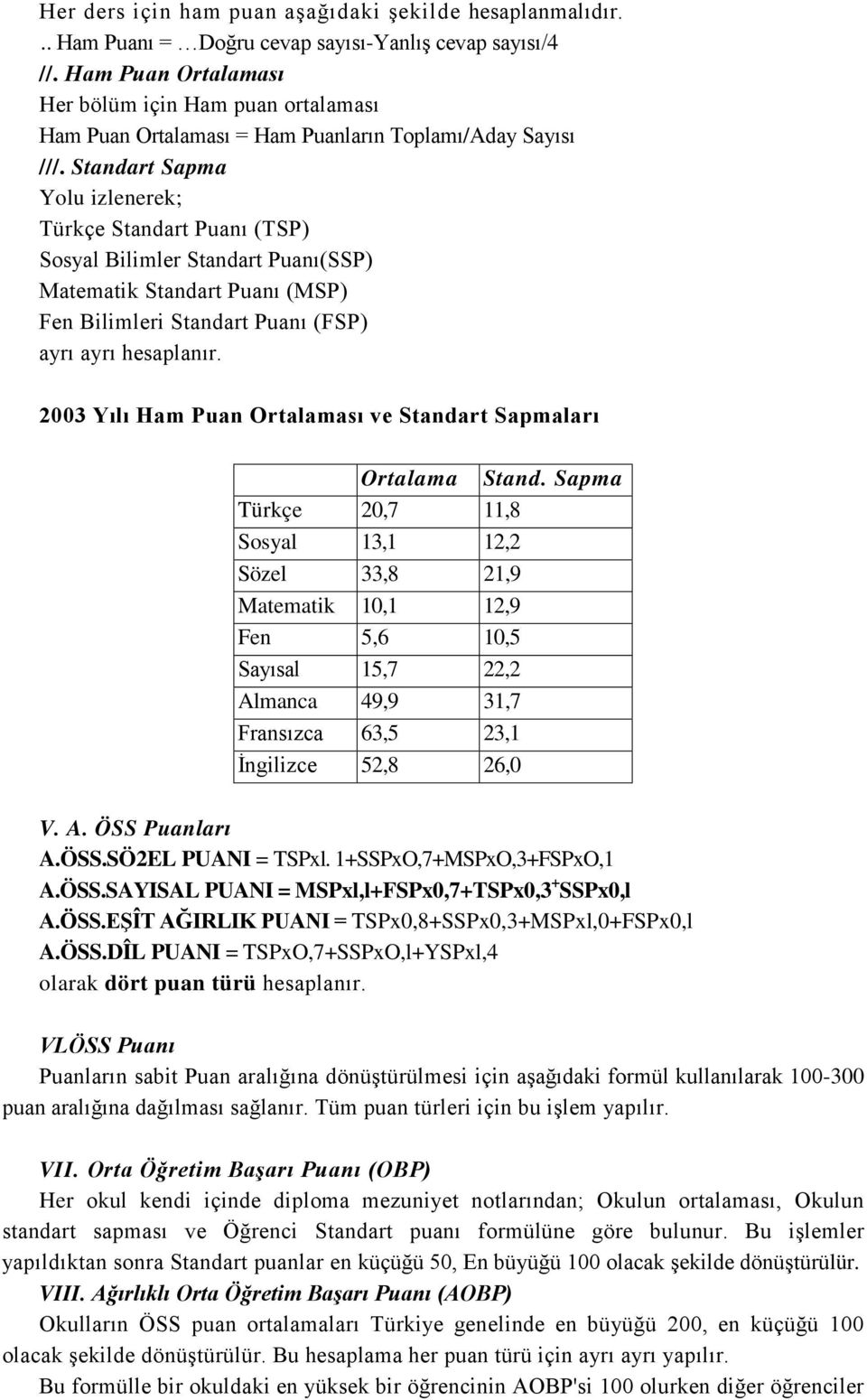 Standart Sapma Yolu izlenerek; Türkçe Standart Puanı (TSP) Sosyal Bilimler Standart Puanı(SSP) Matematik Standart Puanı (MSP) Fen Bilimleri Standart Puanı (FSP) ayrı ayrı hesaplanır.