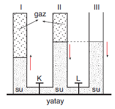 7. K, L muslukları açıldığında kollardaki su yükseklikleri eşit olduğuna göre I. koldaki su yüksekliği artar, II. ve III. kollardaki, su yükseklikleri azalır. 8.