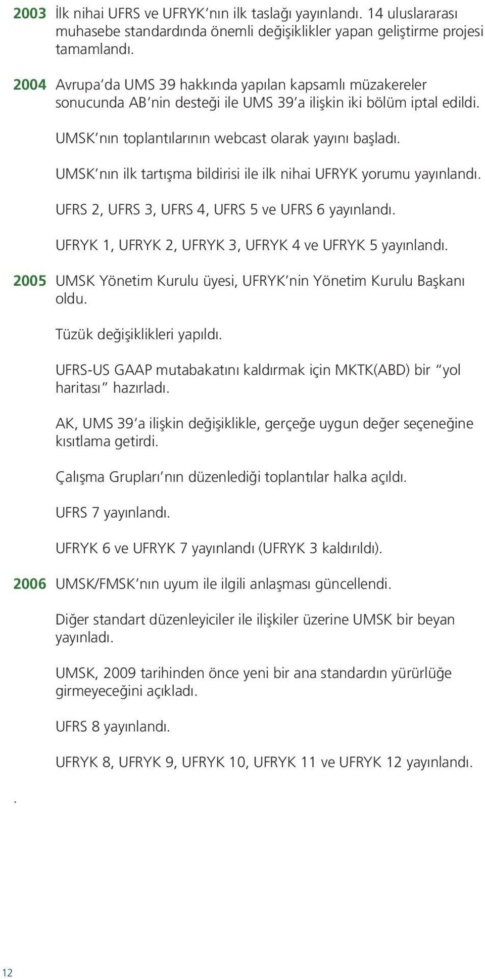 UMSK nın ilk tartışma bildirisi ile ilk nihai UFRYK yorumu yayınlandı. UFRS 2, UFRS 3, UFRS 4, UFRS 5 ve UFRS 6 yayınlandı. UFRYK 1, UFRYK 2, UFRYK 3, UFRYK 4 ve UFRYK 5 yayınlandı.