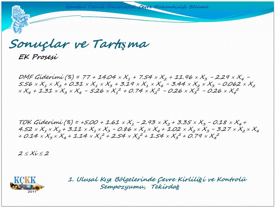 26 X32-0.26 X42 TOK Giderimi (%) = +5.00 + 1.61 X1-2.93 X2 + 3.35 X3-0.18 X4 + 4.52 X1 X2 + 3.