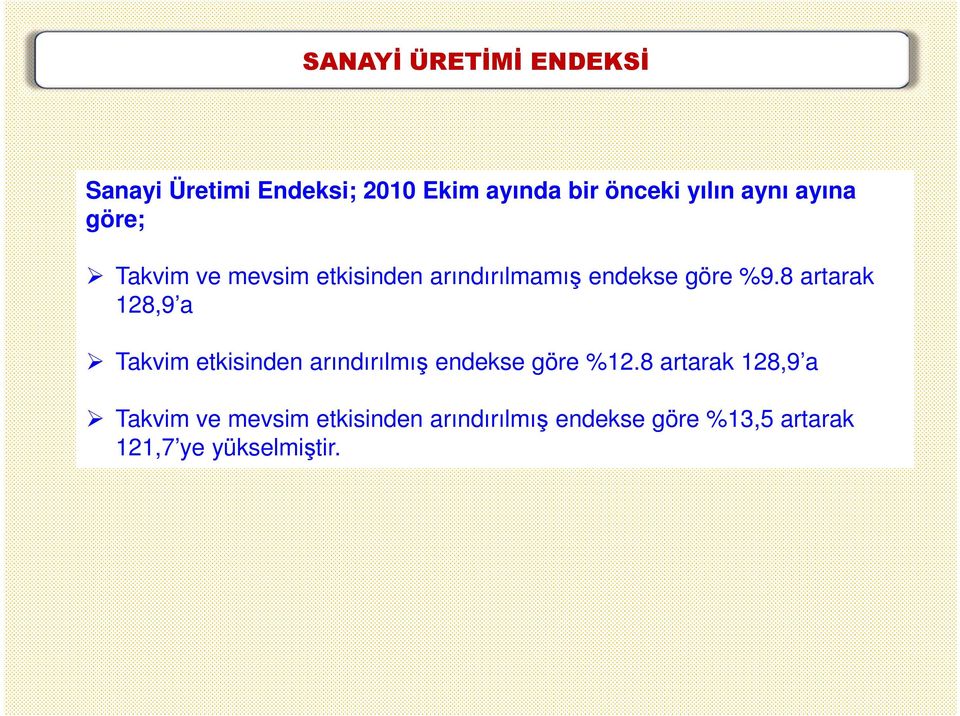 8 artarak 128,9 a Takvim etkisinden arındırılmış endekse göre %12.