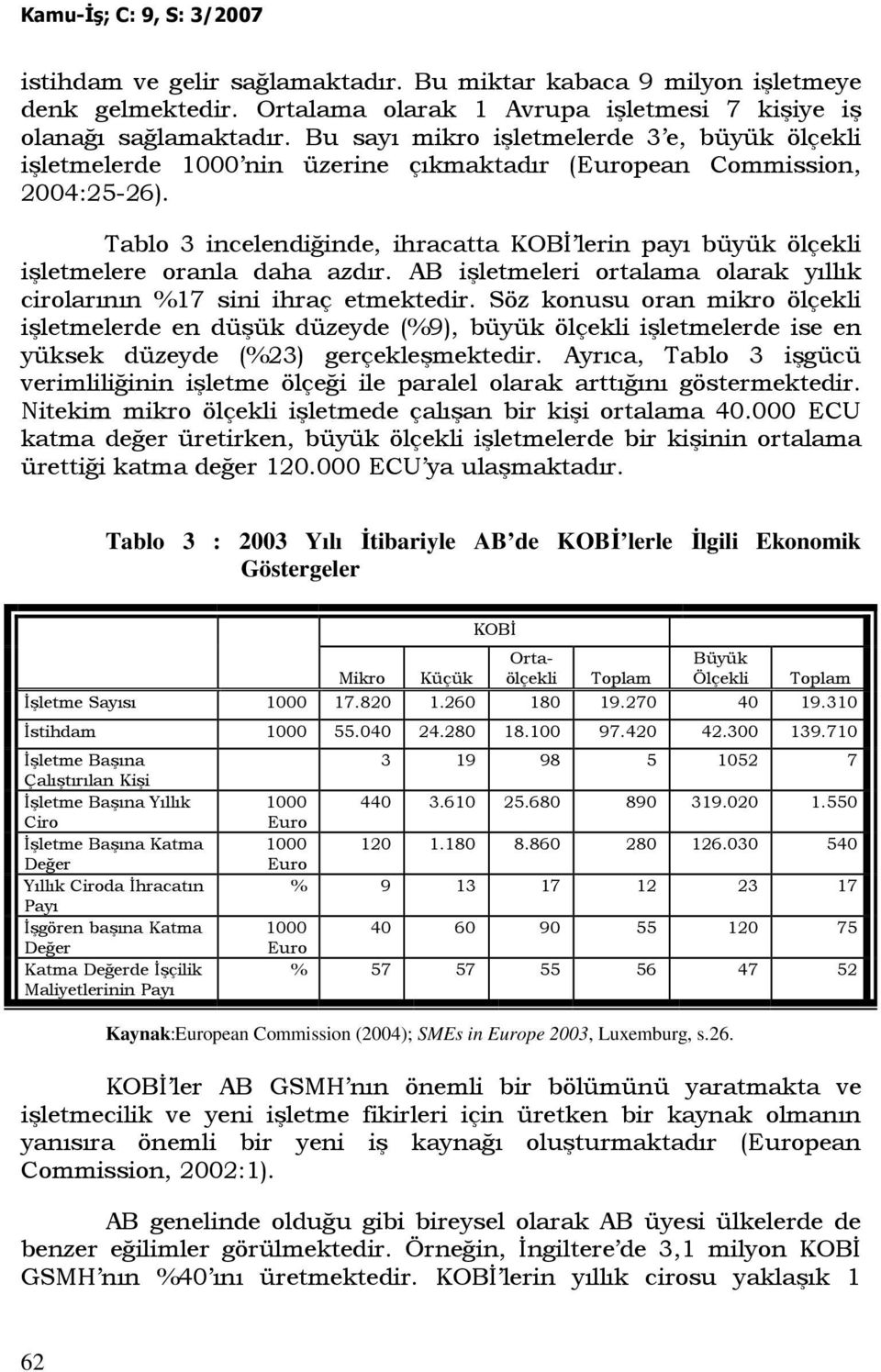 Tablo 3 incelendiğinde, ihracatta KOBĐ lerin payı büyük ölçekli işletmelere oranla daha azdır. AB işletmeleri ortalama olarak yıllık cirolarının %17 sini ihraç etmektedir.