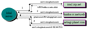 Şimdi Amerikandaki bir kullanıcının şirketimizin satış bölümündeki unix1.sales.planet.com.tr isimli bilgisayara Internet üzerinden ulaşmak istediğini varsayalım. Şekilde de görüldüğü gibi unix1.sales.planet.com.tr adresine ulaşmak için lokal server önce ABDde icm1.