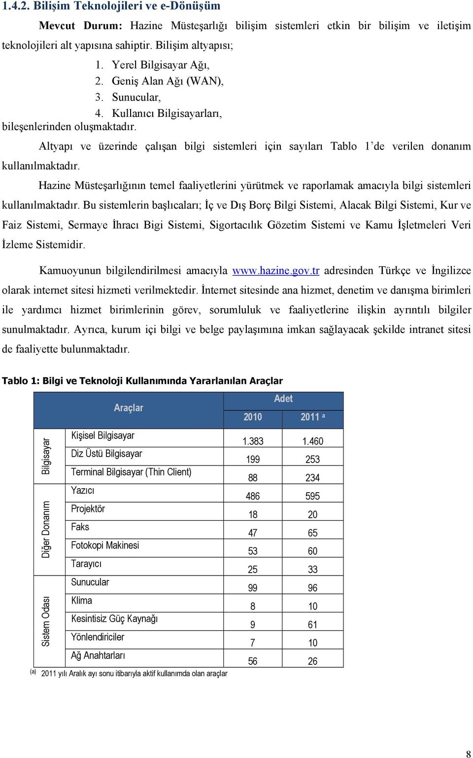 Altyapı ve üzerinde çalışan bilgi sistemleri için sayıları Tablo 1 de verilen donanım kullanılmaktadır.