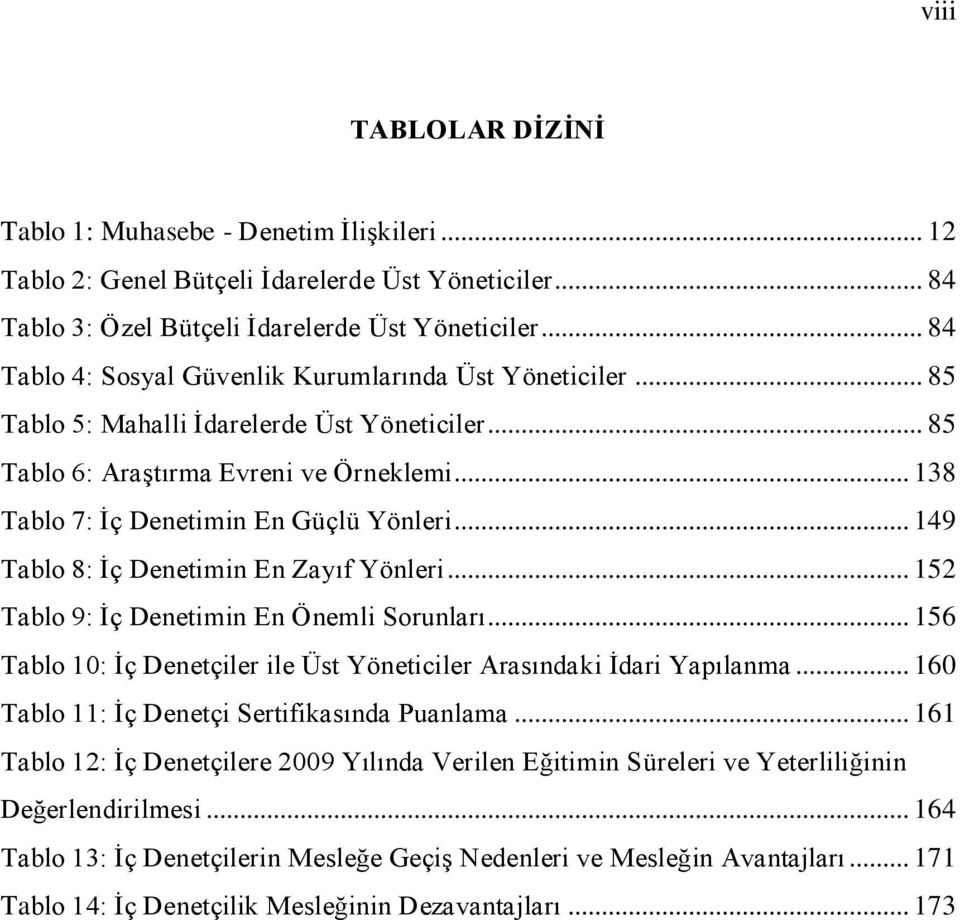 .. 149 Tablo 8: Ġç Denetimin En Zayıf Yönleri... 152 Tablo 9: Ġç Denetimin En Önemli Sorunları... 156 Tablo 10: Ġç Denetçiler ile Üst Yöneticiler Arasındaki Ġdari Yapılanma.